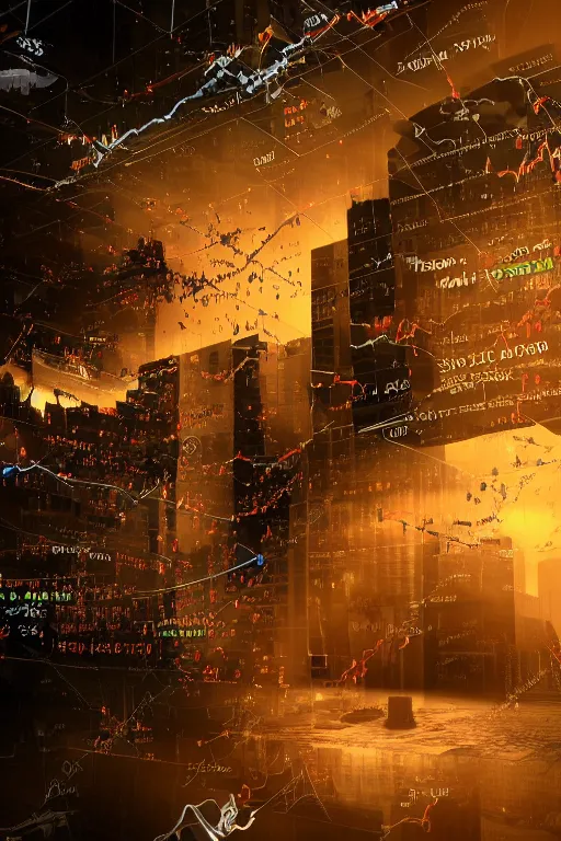 Prompt: stock market collapse, red charts, recession, fantasy, matte painting, office, trader