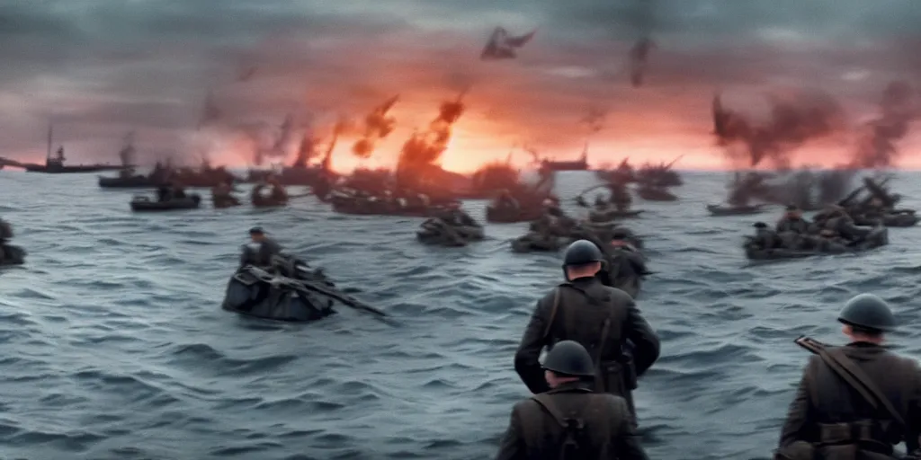 Prompt: a photorealistic film still from dunkirk by roger deakins - a destroyed city, 3 5 mm lens, early morning, dramatic lighting, cinematography, sunset red and orange, cinematic, global illumination, highly detailed, photorealistic