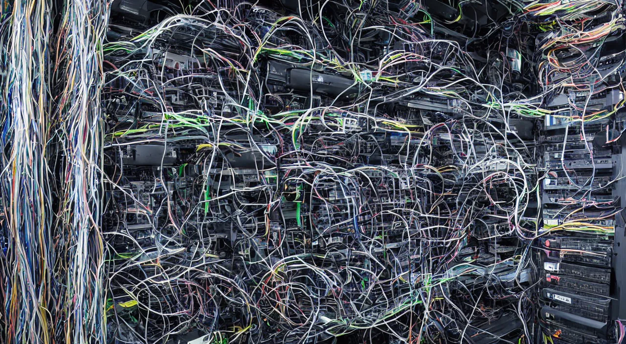 Image similar to broken corrupted server rack computer crypto mining data center servers equipment wires cables, chaotic 5 5 mm photography detailed footage