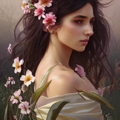 Image similar to Instagram Model with flowers in her hair, olive skin, long dark hair, beautiful bone structure, intricate, elegant, highly detailed, digital painting, artstation, concept art, smooth, sharp focus, illustration, art by artgerm and greg rutkowski and alphonse mucha