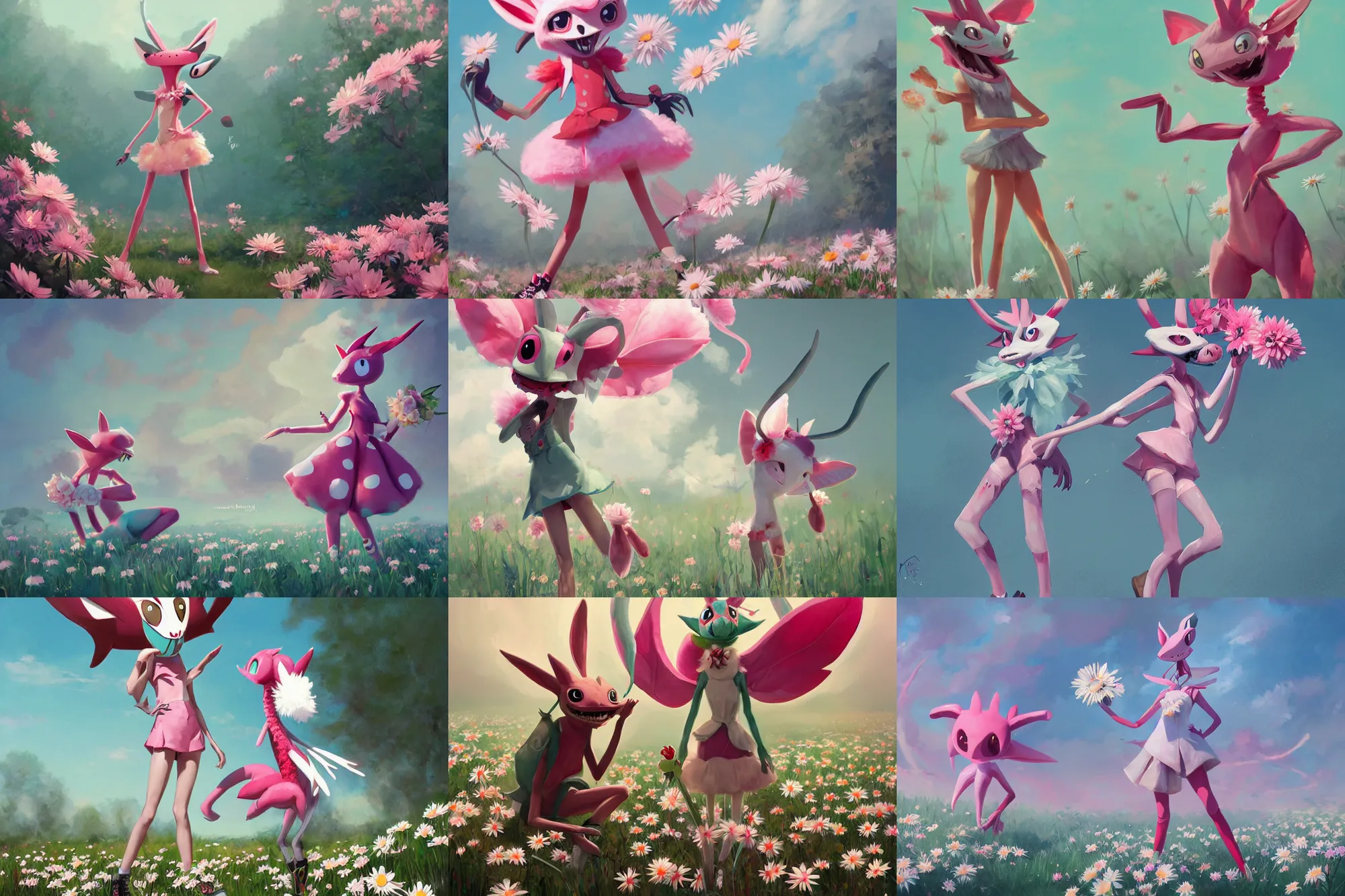 Prompt: anthropomorphic lurantis pokemon girl like a mantis in an ice floe standing in a field of daisies wearing converse shoes and a davey crockett hat, digital illustration by ruan jia on artstation