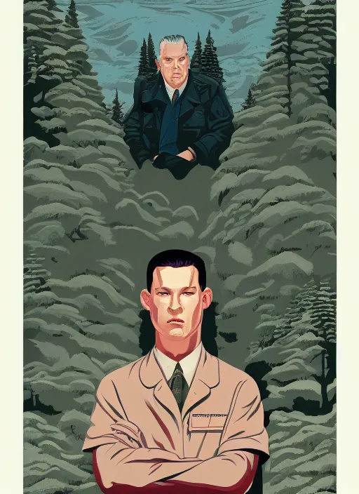 Image similar to Twin Peaks poster artwork by Michael Whelan, Bob Larkin and Tomer Hanuka, of portrait of Channing Tatum the local pastry chef, from scene from Twin Peaks, simple illustration, domestic, nostalgic, from scene from Twin Peaks, clean, cover of New Yorker magazine