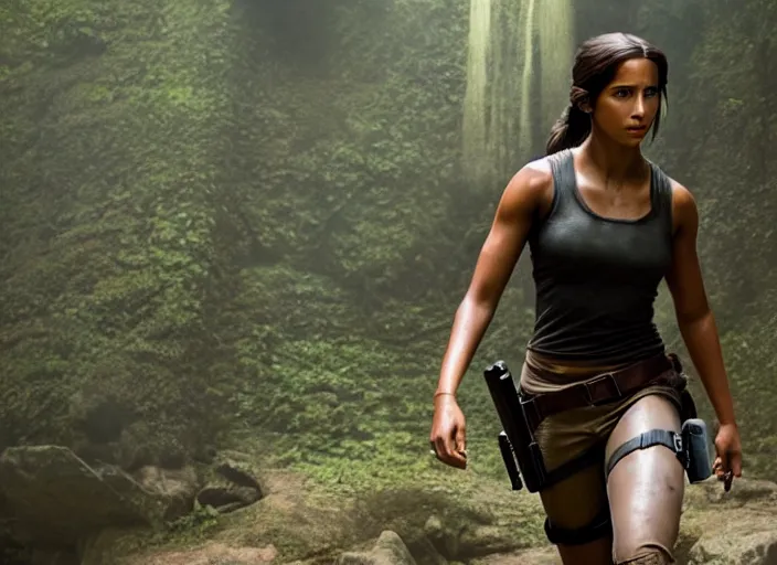 Image similar to film still of!!!! naomi scott!!! as lara croft in new tomb raider movie, 8 k