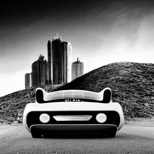 Image similar to the car from the future, vintage, futuristic style, retro - futurism, black and white, poster