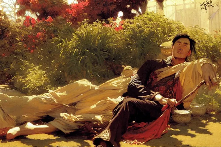 Image similar to wuxia, autumn, attractive male rest in the garden, painting by gaston bussiere, craig mullins, j. c. leyendecker