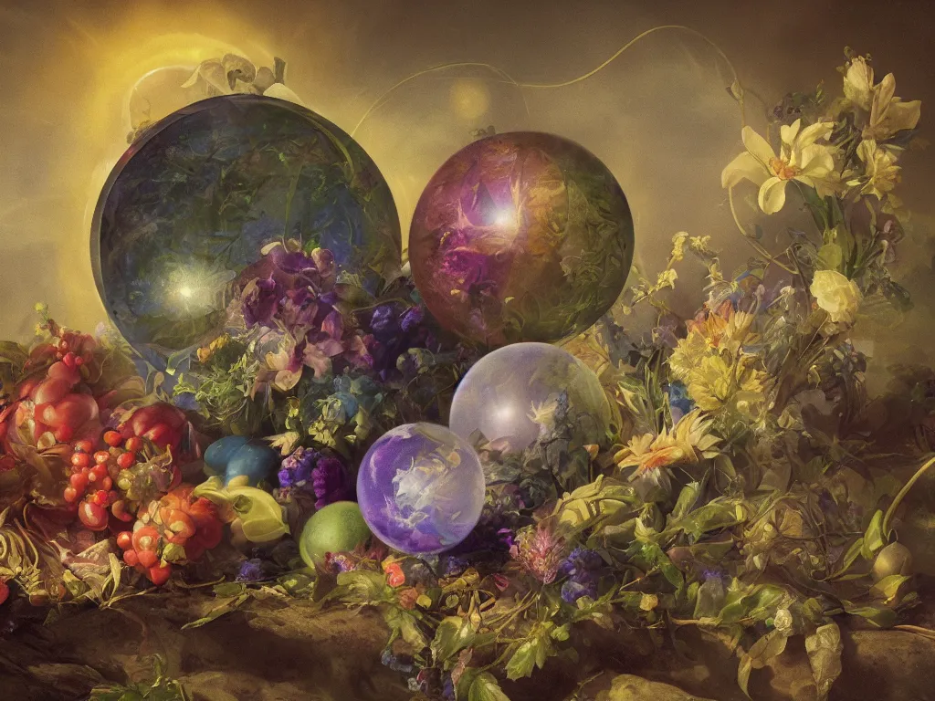 Prompt: the orb of eternity, sunlight study, art nouveau, by jan davidz de heem and ( ( ( ( lisa frank ) ) ) ), 8 k, sharp focus, octane render, ( ( ( kauai ) ) )