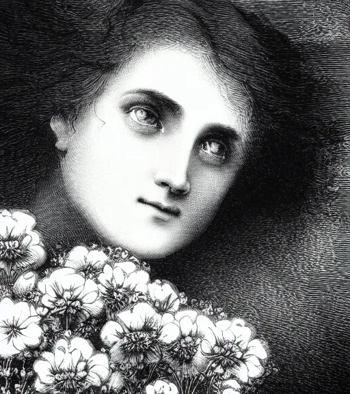 Prompt: black and white, extreme close-up, dark light, woman face in flowers, Gustave Dore lithography