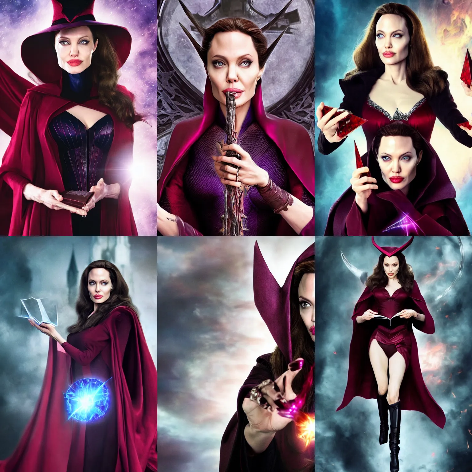 Prompt: Angelina Jolie as Scarlett Witch Scarlett Witch doing chaos magic with dark hold magic book in her hands, Scarlett Witch costume, marvel marvel marvel, cinematic, photorealistic, 4k, HDR, photograph