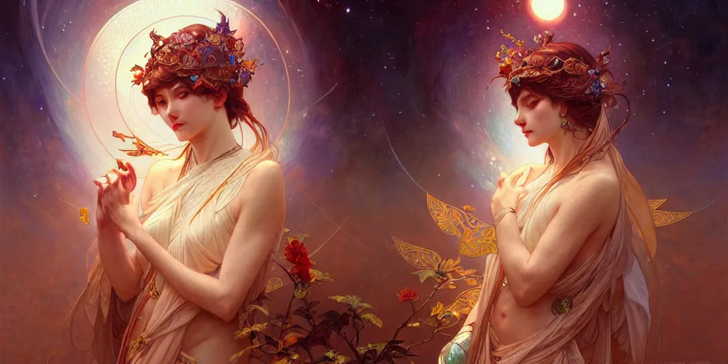 Image similar to a beautiful illustration of a cosmic goddess, intricate, sharp focus, illustration, highly detailed, digital painting, concept art, matte, art by wlop and artgerm and greg rutkowski and alphonse mucha, masterpiece