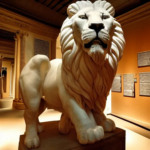 Prompt: Hercules with white lion head statue well lit in museum