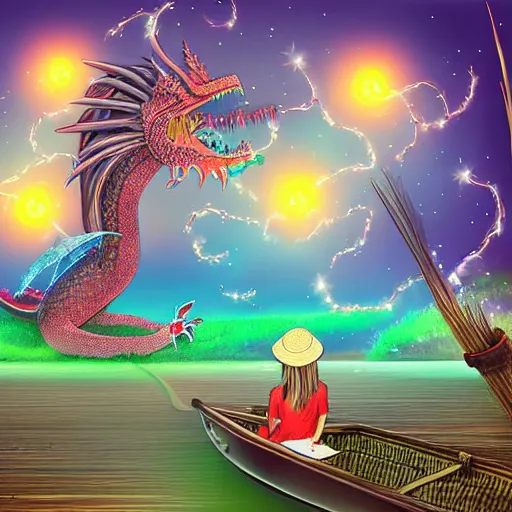 Image similar to digital art girl in straw hat with dragon tatoo with lights traveling around swamp in boat