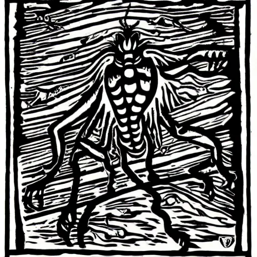 Image similar to a black and white drawing of a creepy creature, a woodcut by david wojnarowicz, deviantart, gothic art, made of insects, grotesque, demonic photograph