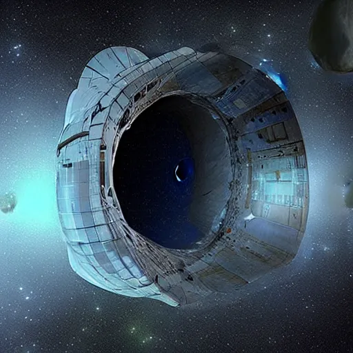 Image similar to “the mind’s eye, a space colony that was built into the side of an asteroid.”