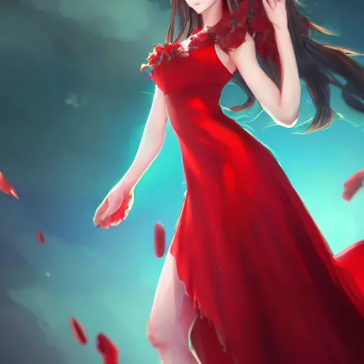 Prompt: red dress of aerith gainsborough by WLOP, rossdraws, Logan Cure, Mingchen Shen, BangkuART, sakimichan, yan gisuka, JeonSeok Lee, zeronis, Chengwei Pan on artstation