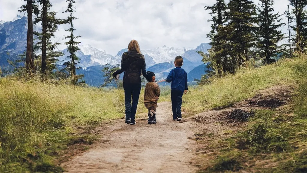 Prompt: “ one young boy in the middle of his parents, walk on a trail in forest, one golden retriever running happily, mountains in the background, highly detailed ”