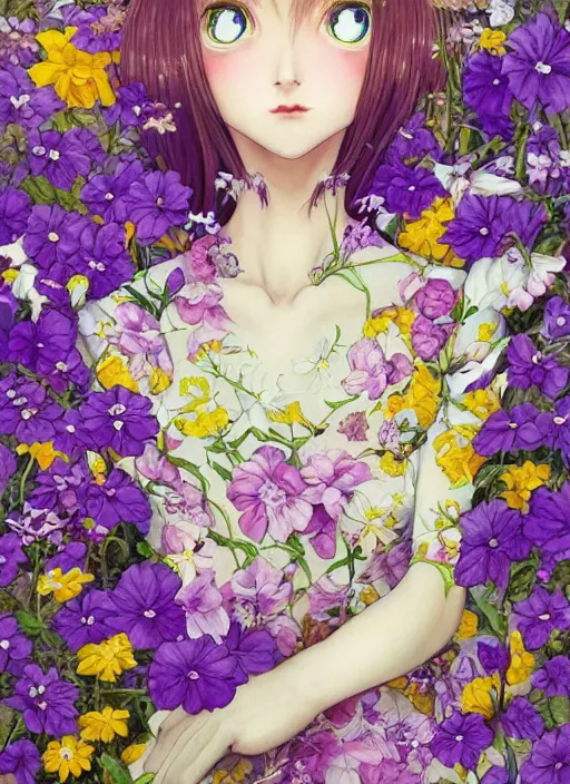 Image similar to elf girl wearing an flower suit, soft hair. light color palate, purple, yellow and white. detailed soft painting, ayami kojima, made in abyss, anatomically correct, ilya kuvshinov, inspired in balthus, high detailed face anime, vogue magazine, glorious composition, mobile wallpaper