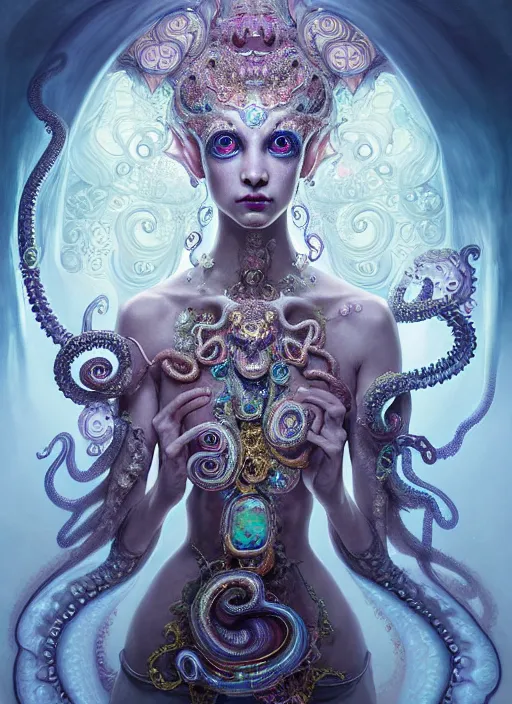 Prompt: A full shot of a cute magical monster Cryptid wearing an ornate dress made of opals and tentacles. Subsurface Scattering. Translucent Skin. Caustics. Prismatic light. defined facial features, symmetrical facial features. Opalescent surface. Soft Lighting. beautiful lighting. By Giger and Ruan Jia and Artgerm and WLOP and William-Adolphe Bouguereau and Loish and Lisa Frank. Sailor Moon. Masterpiece. trending on artstation, featured on pixiv, award winning, cinematic composition, dramatic pose, sharp, details, Hyper-detailed, HD, HDR, 4K, 8K.