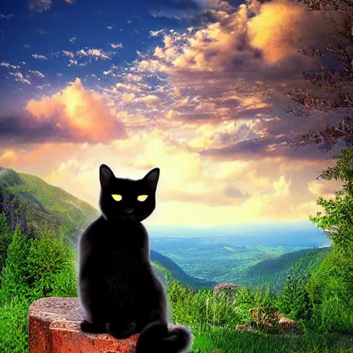 Image similar to a black cat sitting on top of a mountain enjoying the view, stunning digital art