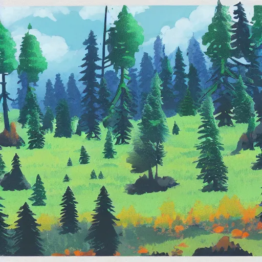 Prompt: forest lanscape panorama by pixar gouache in traditional shinkai style