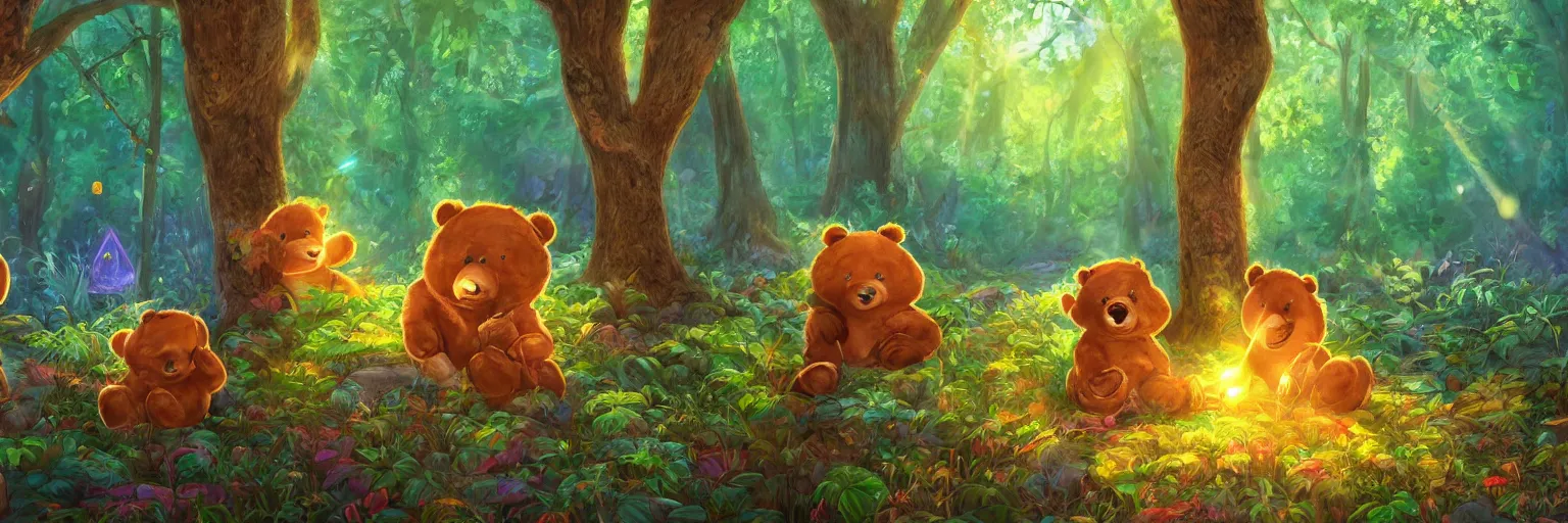 Image similar to a lodge in the middle of a magical forest with two cute humanoid bear cubs standing in front of it, light rays are shining through the leaves of the trees above, magical environment, beautiful light. trending on artstation 4 k award winning artwork of an unknown artist. vivid colors. detailed painting. kids book illustration.