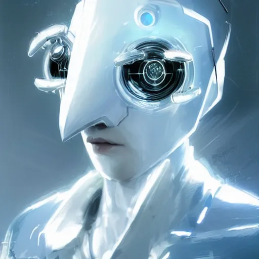 Image similar to portrait of a male character with many robotic eyes in sleek clothes, in a flowing white tailcoat, wearing a futuristic insectoid white mask with five round lenses for eyes, many eyes, dramatic lighting, illustration by Greg rutkowski, yoji shinkawa, 4k, digital art, concept art, trending on artstation