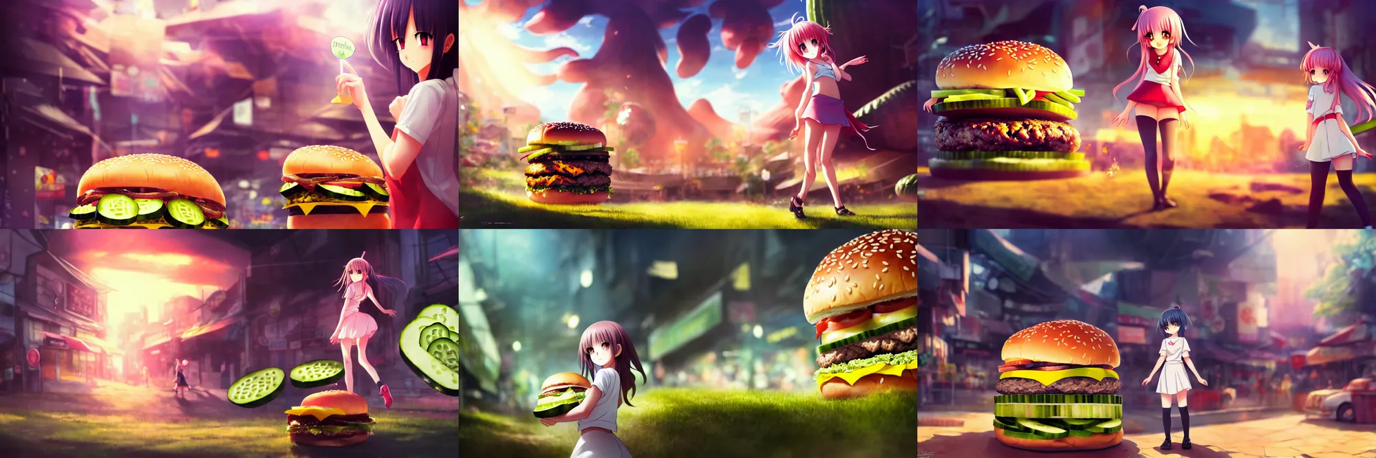 Prompt: kawaii girl in front of a giant cheeseburger, cucumbers in ambush ready to attack, huge amount of details, masterpiece, posing for painting, epic cinematic still, dynamic perspective, anime style, beautiful volumetric light