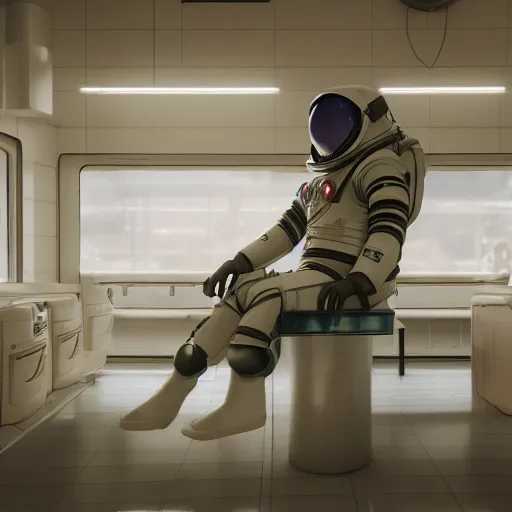 Prompt: a beautiful photo of an astronaut waiting in a laundromat, soft light, morning light, photorealistic, realistic, octane, 8k, cinematic shot