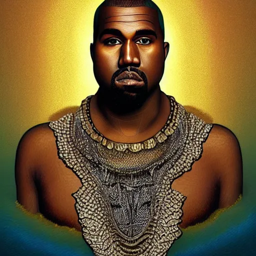 Image similar to portrait of kanye - west as a fish, with shimmering scales as skin, swimming underwater!!!, intricate, extremely detailed, digital painting, artstation, concept art, smooth, sharp focus, illustration, ambient lighting, art by artgerm and greg rutkowski and alphonse mucha and simon stalenhag