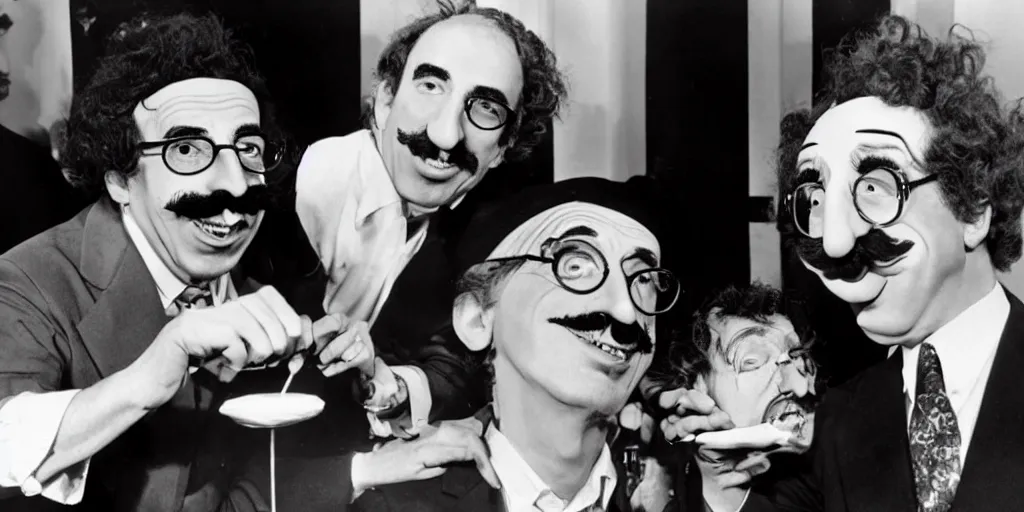 Image similar to Groucho Marx and Harpo Marx launch a cake on the face of Donald Trump. Donald Trump is a afraid. Groucho Marx and Harpo Marx laugh at him