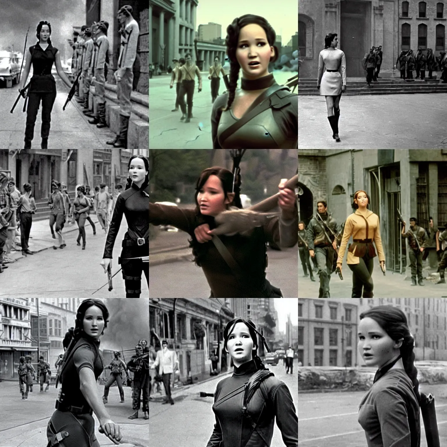 Prompt: Katniss Everdeen walks through a city, film still from 'Attack of the 50 Foot Woman' (1958)