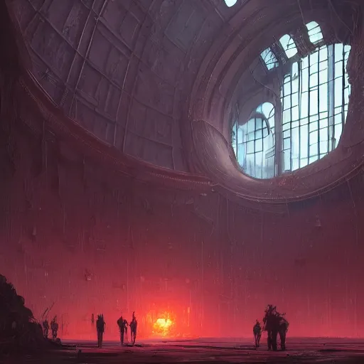 Prompt: concept art by greg rutkowski, a futuristic large inner garden under a great dome, desolate, covered in reddish slime on all sides, uncanny atmosphere, low light, scary atmosphere, scifi, highly detailed portrait, digital painting, artstation, concept art, smooth, sharp foccus ilustration, artstation hq