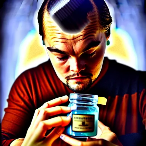 Image similar to detailed studio portrait of leoanrdo dicaprio holding tiny jar of tincture. watching ar camera. studio light, polished look, solid background, ad, fashion photography, by pierpaolo ferrari and maurizio cattelan, 3 5 mm photograph, david lachapelle, canon eos c 3 0 0, 8 k