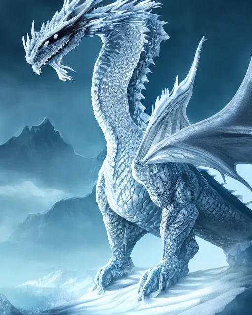 Prompt: giant ice dragon standing on a mountain, highly detailed, 4 k, hdr, award - winning, directed by zack snyder, trending on art station, matte