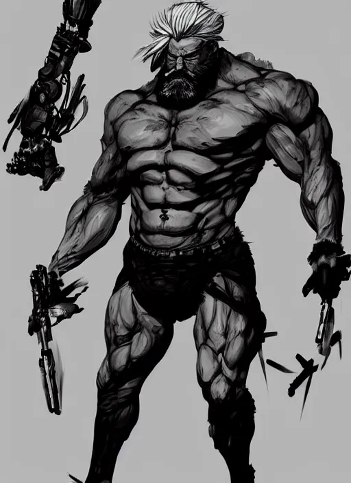 Image similar to Full body portrait of an old muscular man with white hair and black beard wearing bear skin. In style of Yoji Shinkawa and Hyung-tae Kim, trending on ArtStation, dark fantasy, great composition, concept art, highly detailed.