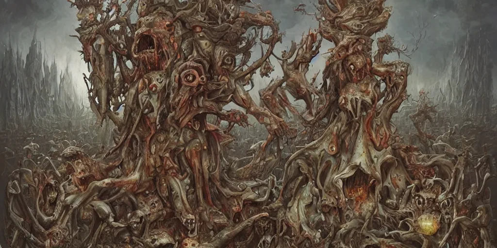 Prompt: A horror illustration layout design of a group of zombies melting into each other by Peter Mohrbacher and andrew ferez and Maximilian Pirner and aaron horkey and peter gric, trending on pinterest, medieval, rococo, maximalist, glittering, feminine, by artgerm