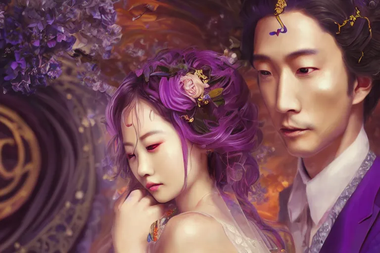 Prompt: a cinematic portrait of wedding photograph jpeg close up moment of a divine a japan sun god and moon goddess lovers magician at a wedding banquet. portraiture. digital painting. artstation. concept art. fantasy wedding photo. digital painting, 8 k realistic, hyper detailed, violet evergarden art masterpiece by art by krenz cushart