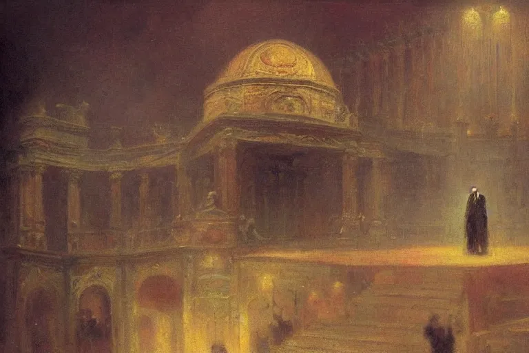 Prompt: illustration of a black dome on a stage. a malevolent man stands on top of the dome grandstanding. art by gaston bussiere.