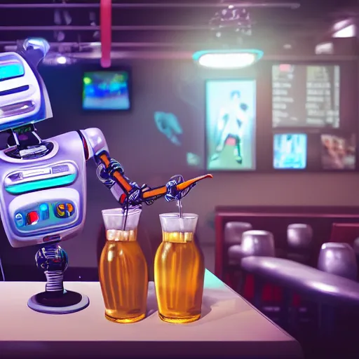 Image similar to a robot is at the sports bar and orders a drink. (TY beanie baby puppy dog) bartender, 8k, ultrarealistic, cgsociety.