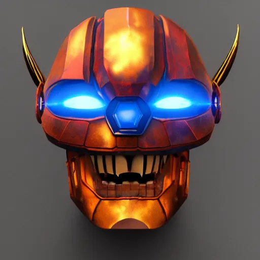 Prompt: celestial guardian, rgb emperor of hell mask, iron giant jaw, iron giant chin, horns, fangs, 8 k, rgb laser background