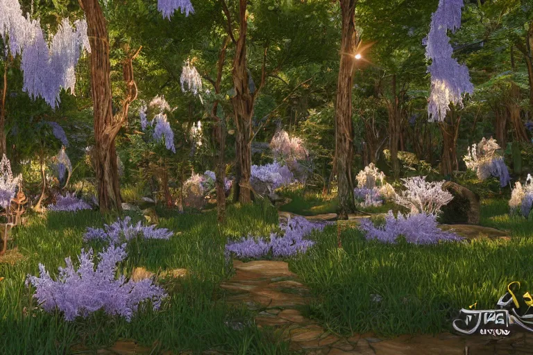 Image similar to crystal forest with gilded trees and jeweled flowers by unreal engine, photorealistic