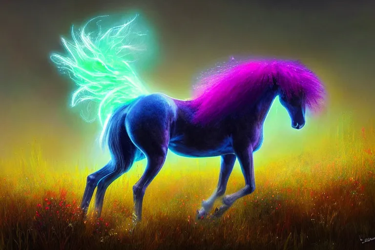 Image similar to a stunning digital painting of a flowerpunk horse with a mane of bioluminescent flowers running through a meadow by eddie mendoza, volumetric light, digital art, fine detail, photorealistic