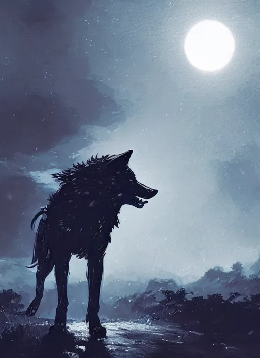 Image similar to Giant wolf with glowing eyes near small village, raining, full moon. In style of Yoji Shinkawa and Hyung-tae Kim, trending on ArtStation, dark fantasy, great composition, concept art, highly detailed, dynamic pose.