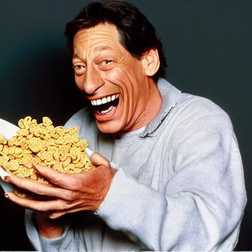 Image similar to jim varney pouring out a box of cereal into a white bowl laughing hard with large buck teeth, award winning cereal commercial