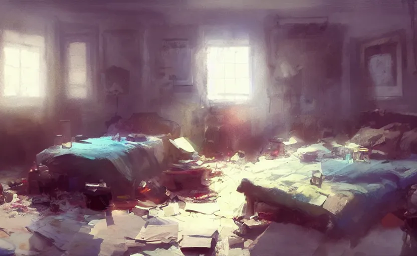 Image similar to a messy bedroom interior, painting by Craig Mullins, octane rendering, soft lighting, wide angle lens, low view, in the style of Pixar animation, trending on artstation,