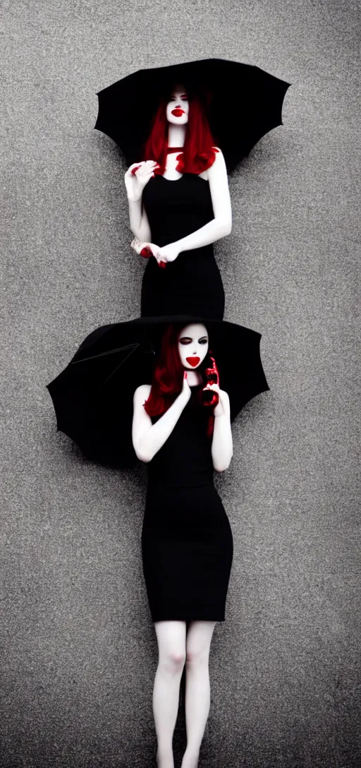 Image similar to a beautiful white pale skin girl, greg background, black dress, vibrent red lipstick, a black hat, black umbrella