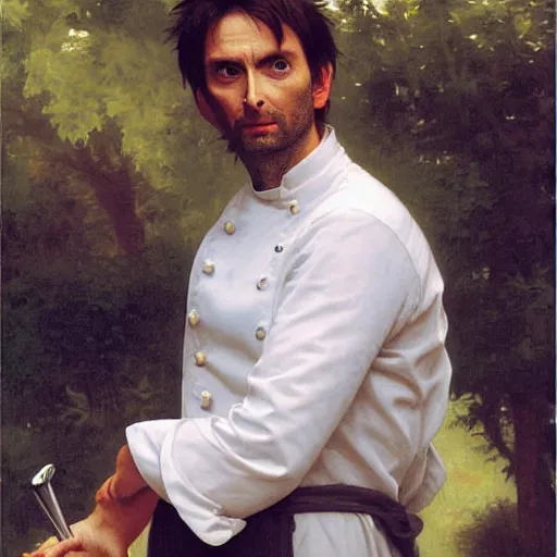 Image similar to David Tennant as a chef, detailed oil painting by Bouguereau