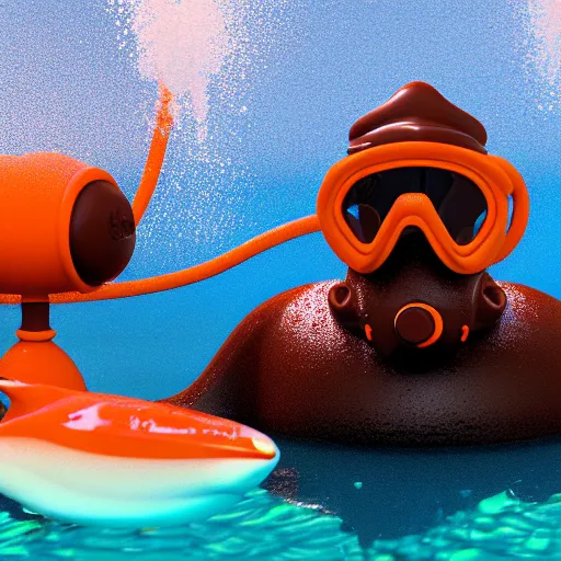 Prompt: lifeguard chocolate lab, 3 d model, hyperealistic, cartoony, 4 k, ultra quality, orange scuba mask, under the sea, murky lighting, angler fish lurking in the background, artstation, unreal engine