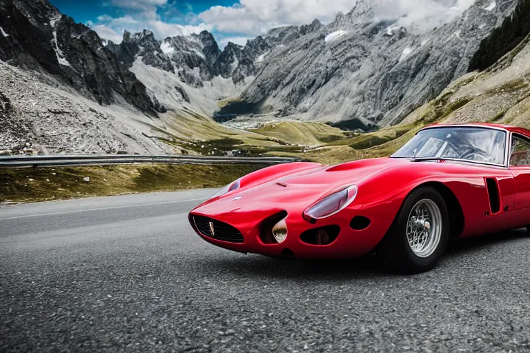 Image similar to car photography of Ferrari 250 GTO series 2 in the Swiss Alps by Emmanuel Lubezki