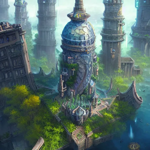 Image similar to aerial view of a giant fish tank shaped like a tower in the middle of a city, godray on plants, fantasy digital art, fantasy style art, fantasy hearthstone art style, fantasy game art by greg rutkowski, darksouls concept art