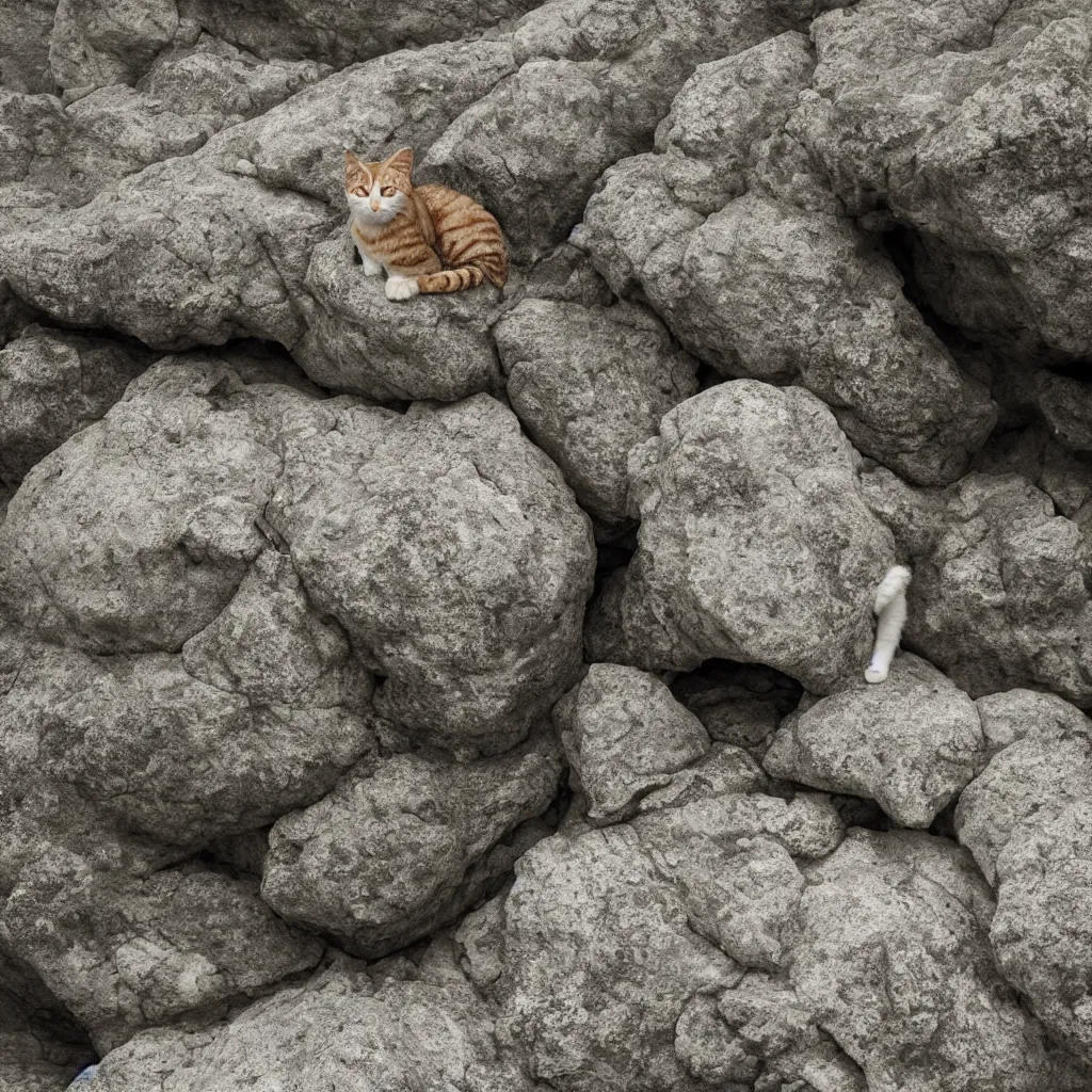 Prompt: a giant rock that looks like a cat, the rock is in the sea, professional photo